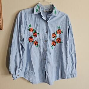 Falls Creek Vintage 90s Button Down Pumpkin Halloween Chambray Top Medium
